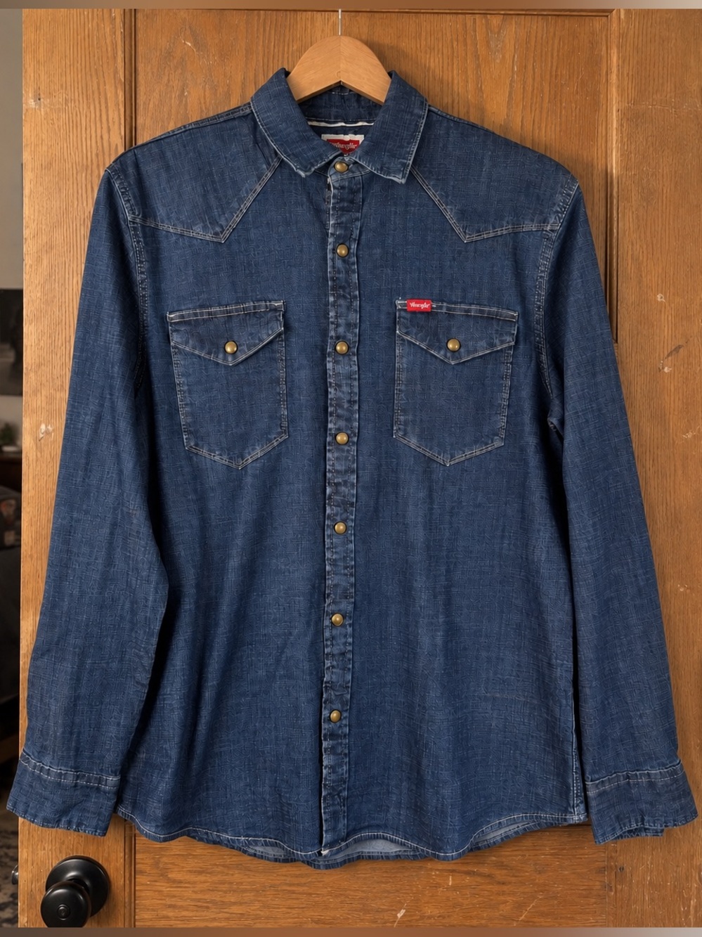 Wrangler Denim Western Snap Shirt Blue Cowboy Workwear Men’s M